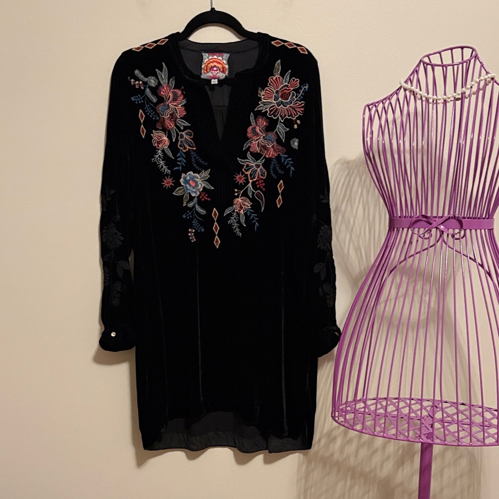 Johnny Was Black Velvet Dress with Floral Embroidery